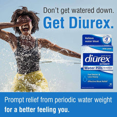Diurex water pills ad with smiling woman splashing water and box of Diurex maximum strength water pills for bloat relief