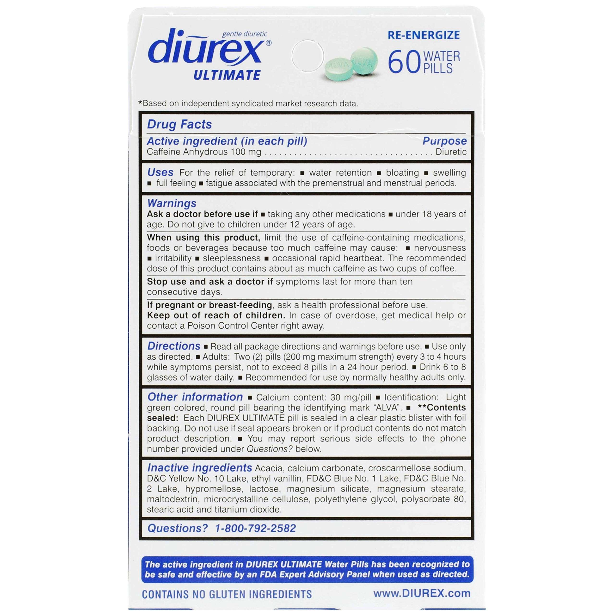 Diurex Ultimate 60 count bottle back label showing drug facts and uses for maximum strength water pills