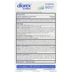 Diurex Ultimate 60 count bottle back label showing drug facts and uses for maximum strength water pills