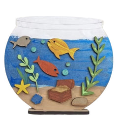 Huitich DIY wooden fish tank craft kit with colorful wooden fish, plants, treasure chest, and bubbles in a fishbowl