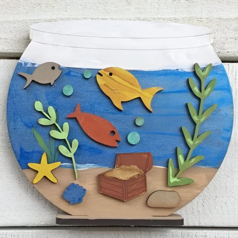 Huitich DIY wooden fish tank craft kit with colorful wooden fish starfish and treasure chest