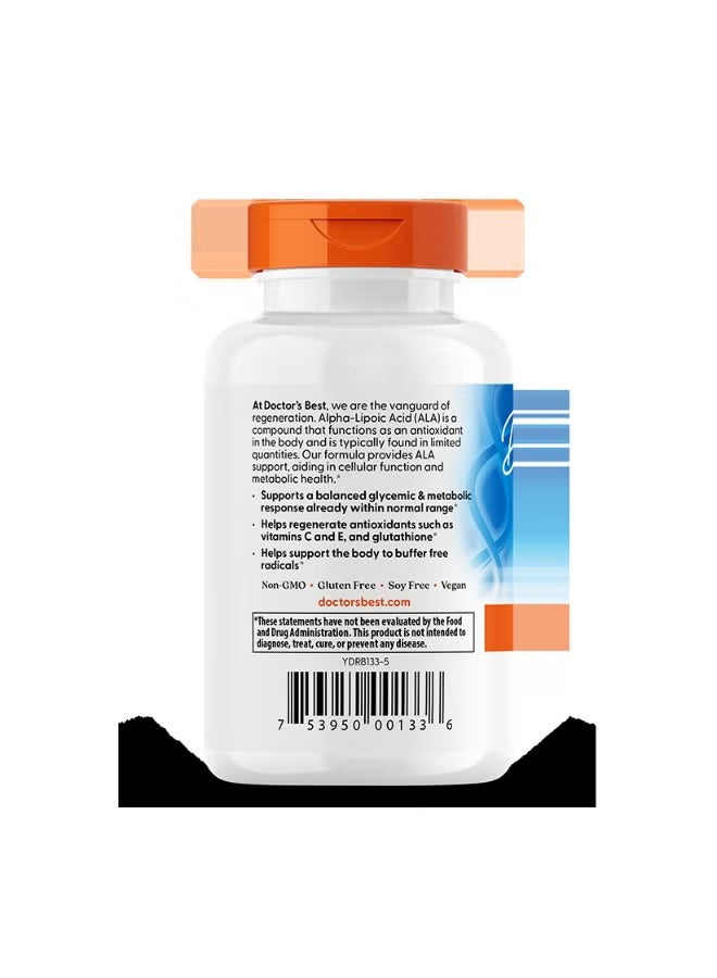 Doctor's BEST alpha lipoic acid 600 mg capsules bottle with clear labels and orange cap for antioxidant support