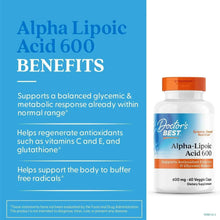 Alpha-lipoic acid benefits card with bottle and orange cap, 600 mg