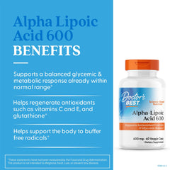 Doctors Best bottle and benefits panel for alpha lipoic acid 600 mg capsules on blue background