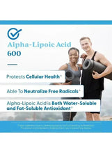 Alpha-Lipoic Acid 600 mg bottle on a health banner, orange cap and blue label