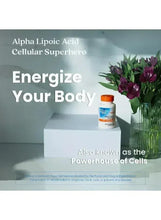 Alpha-Lipoic Acid 600 mg bottle on a wellness scene with orange cap