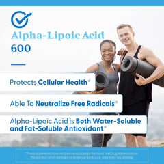 Doctors Best supplement label with two fit adults holding yoga mats and text about alpha lipoic acid 600 mg capsules antioxidant