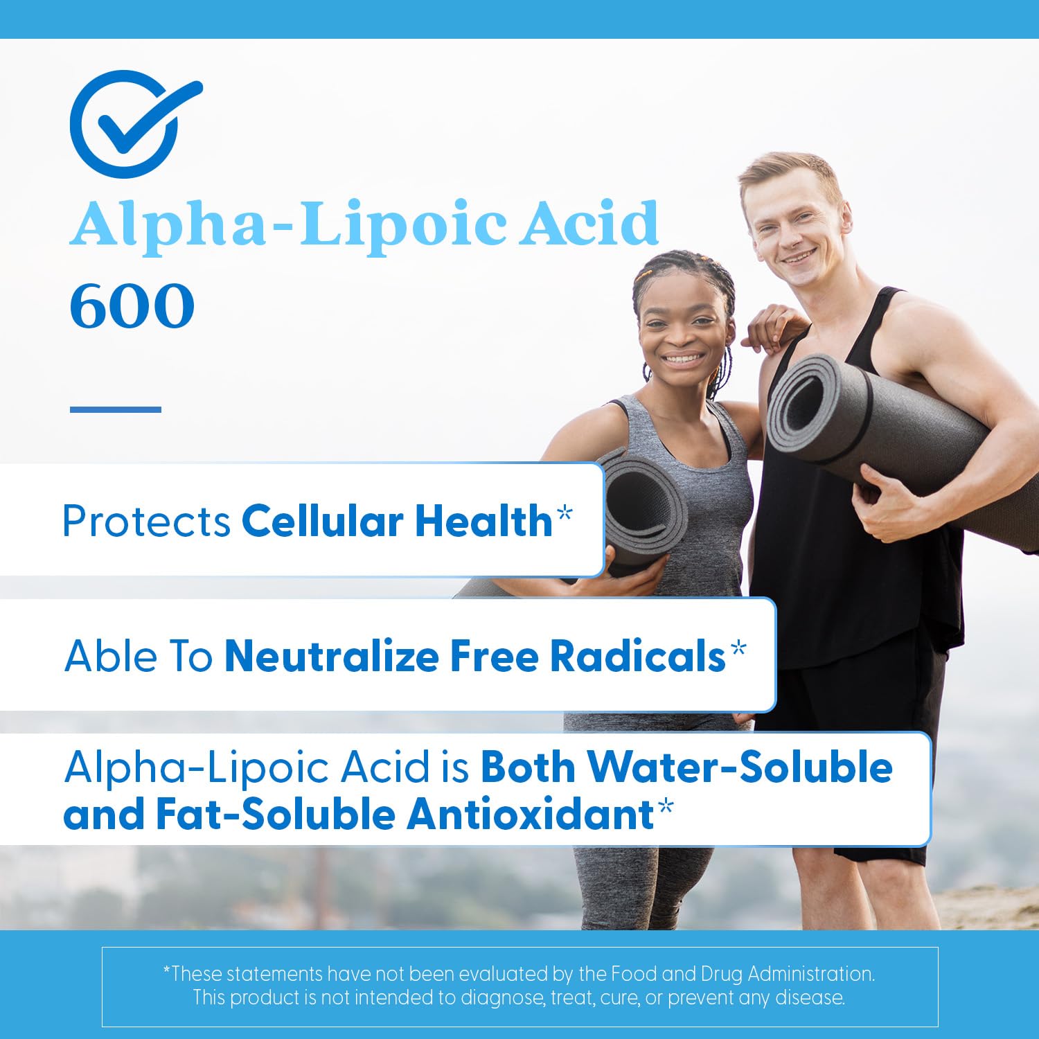 Doctors Best supplement label with two fit adults holding yoga mats and text about alpha lipoic acid 600 mg capsules antioxidant