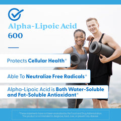 Doctors Best supplement label with two fit adults holding yoga mats and text about alpha lipoic acid 600 mg capsules antioxidant