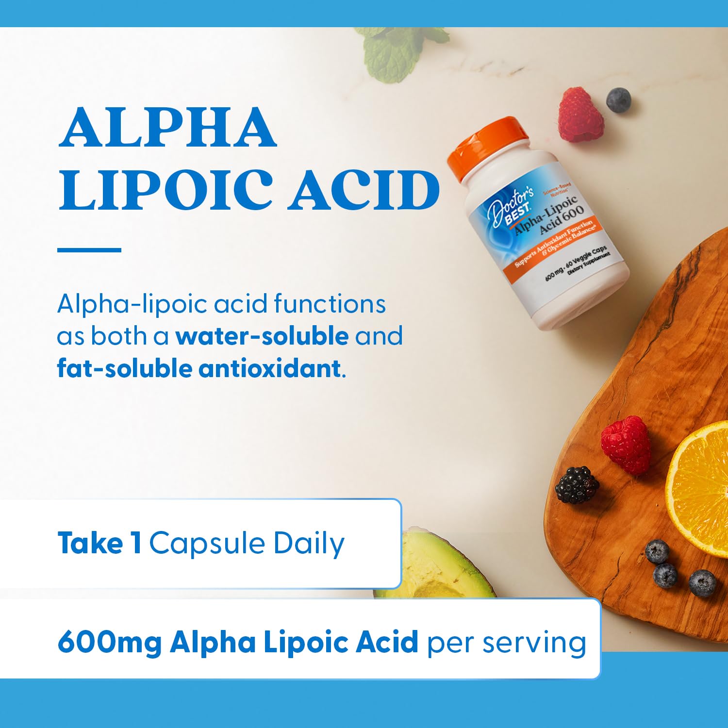 Doctors Best bottle and label with fruits and dosage info for alpha lipoic acid 600 mg capsules