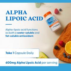 Doctors Best bottle and label with fruits and dosage info for alpha lipoic acid 600 mg capsules