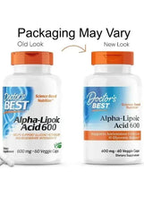 Alpha-Lipoic Acid 600 mg bottle showing old and new packaging variants, orange caps