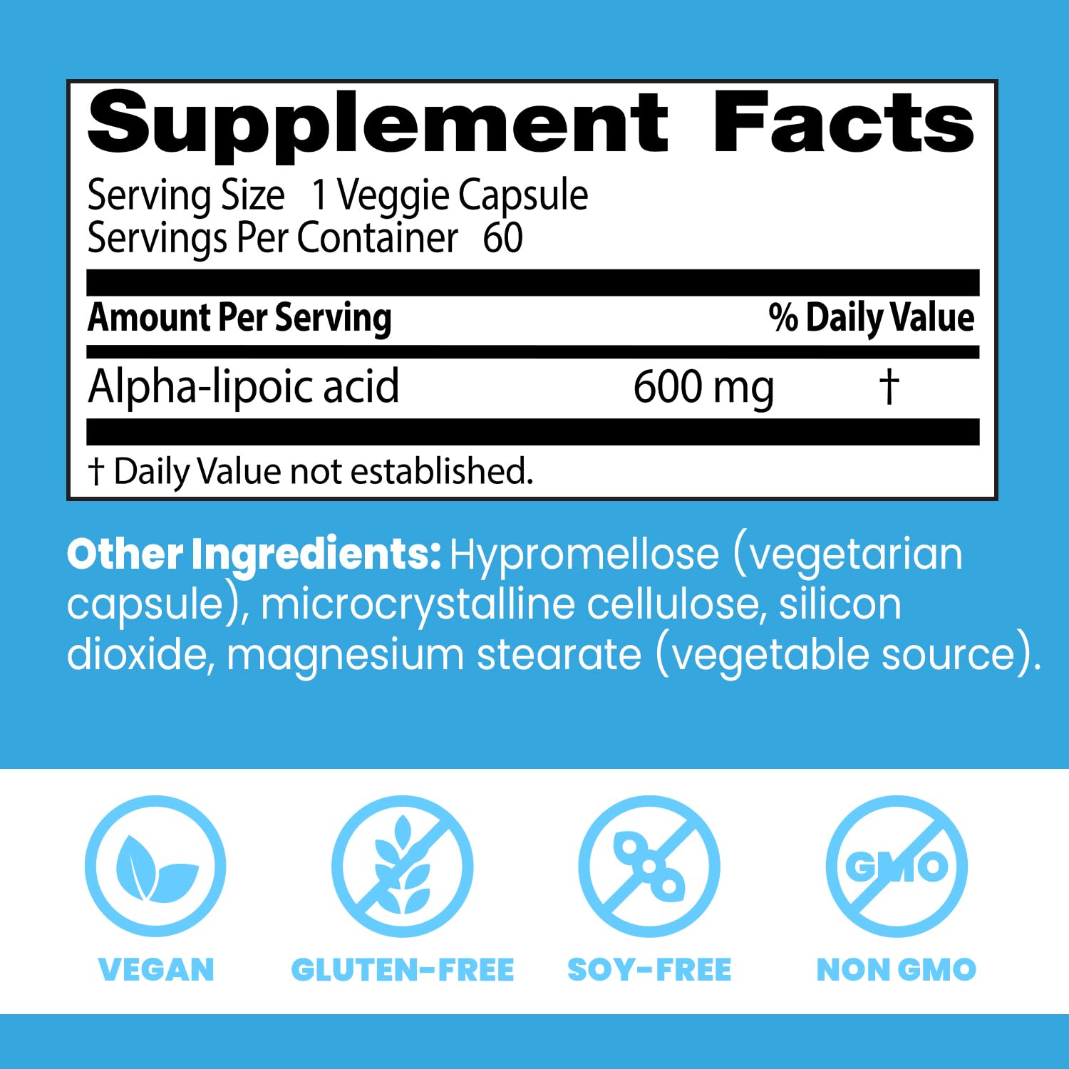 Doctors Best supplement facts label showing alpha lipoic acid 600 mg capsules and vegan gluten free soy free non GMO icons