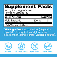 Doctors Best supplement facts label showing alpha lipoic acid 600 mg capsules and vegan gluten free soy free non GMO icons