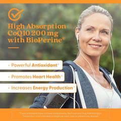 Doctors Best CoQ10 supplement 200 mg label with active woman and benefits promoting heart health and energy