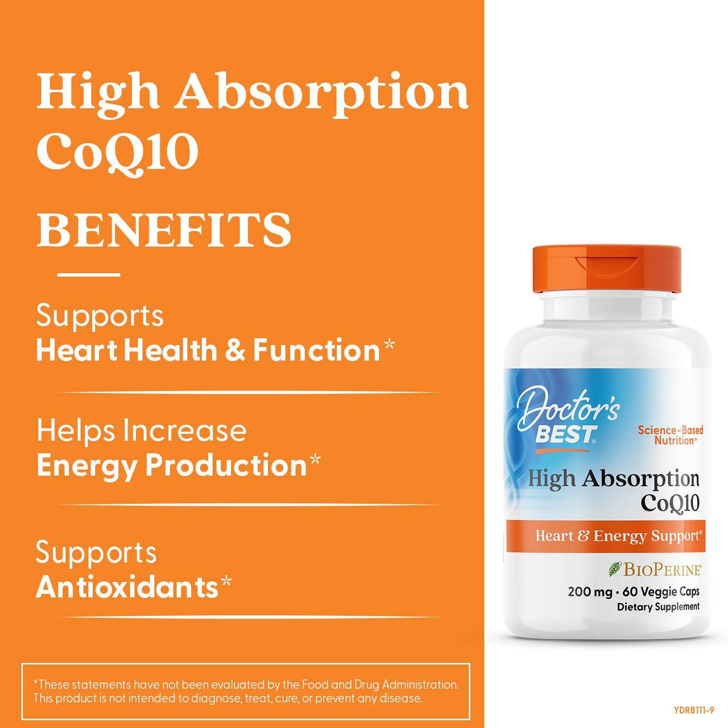 Doctors Best High Absorption CoQ10 supplement 200 mg bottle with orange label for heart and energy support