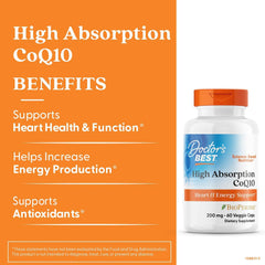 Doctors Best High Absorption CoQ10 supplement 200 mg bottle with orange label for heart and energy support