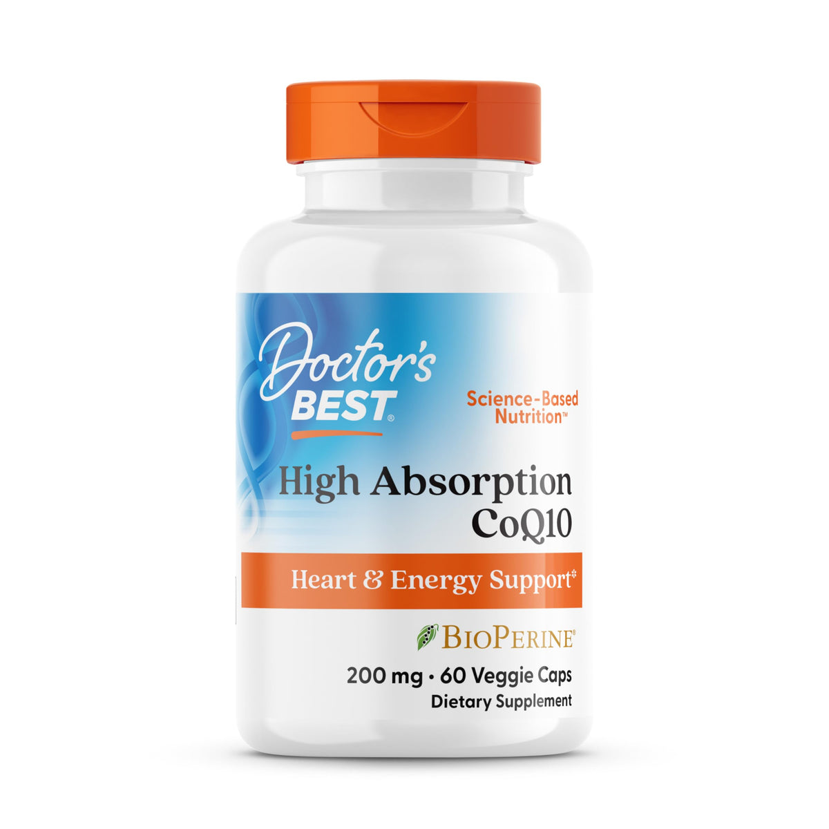 Doctors Best High Absorption CoQ10 supplement 200 mg. white bottle with orange cap for heart and energy support