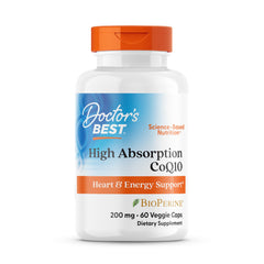 Doctors Best High Absorption CoQ10 supplement 200 mg. white bottle with orange cap for heart and energy support
