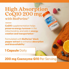 Doctors Best High Absorption CoQ10 supplement 200 mg bottle on table with avocado berries and orange slice
