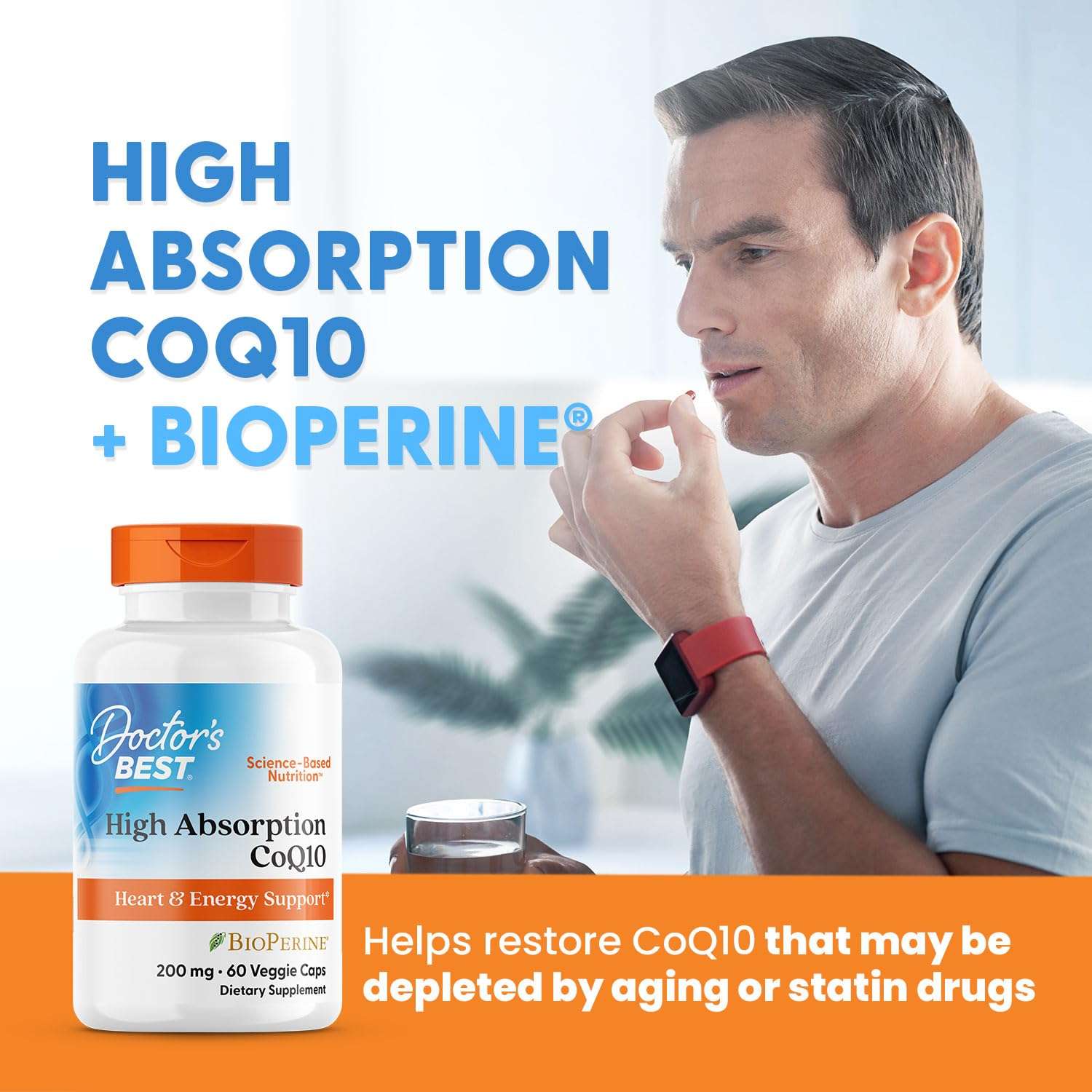 Doctor's Best High Absorption CoQ10 bottle beside man taking a capsule, CoQ10 supplement 200 mg.