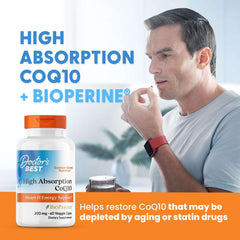 Doctor's Best High Absorption CoQ10 bottle beside man taking a capsule, CoQ10 supplement 200 mg.