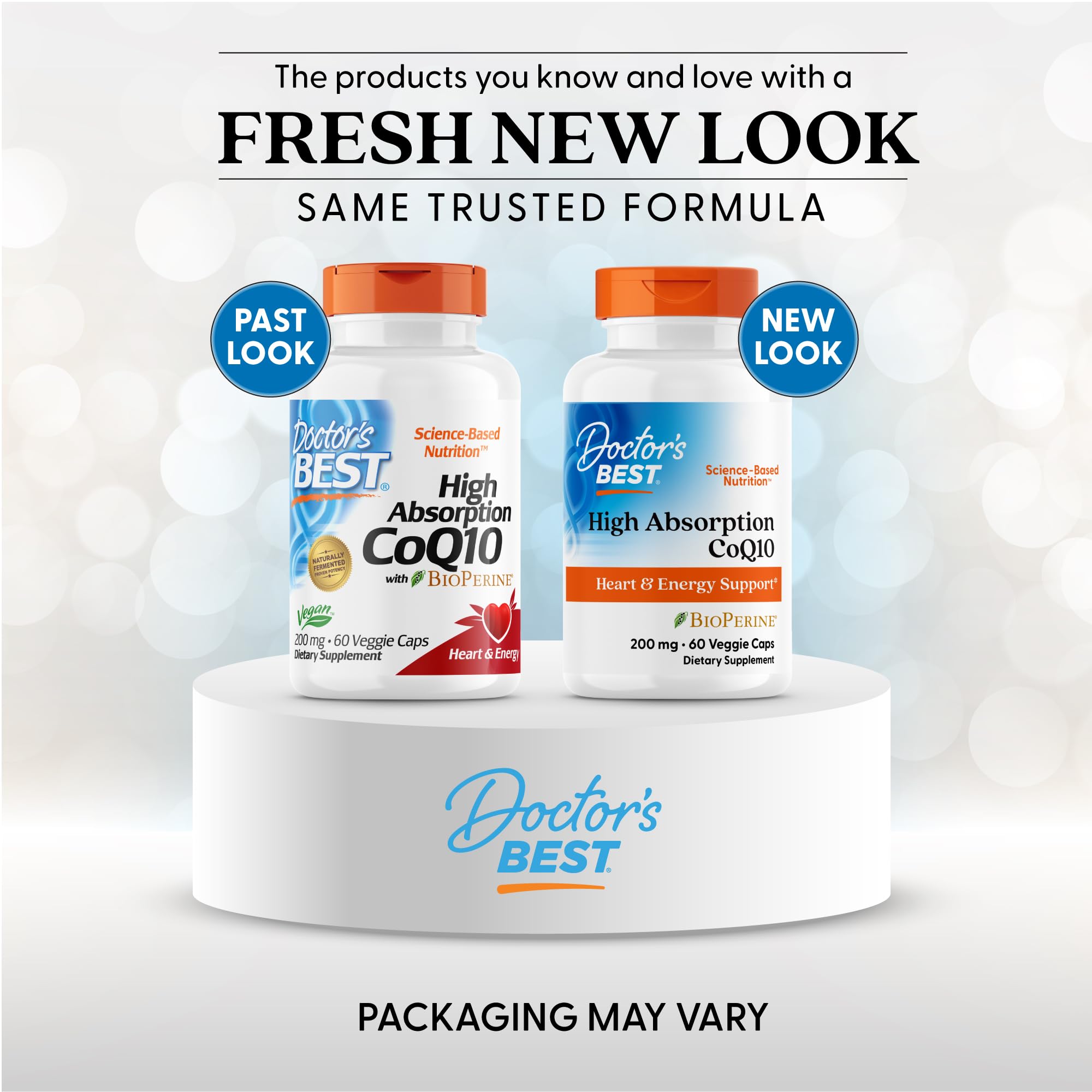 Doctors Best dual packaging display showing past and new bottle designs for CoQ10 supplement 200 mg