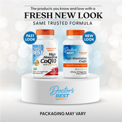 Doctors Best dual packaging display showing past and new bottle designs for CoQ10 supplement 200 mg