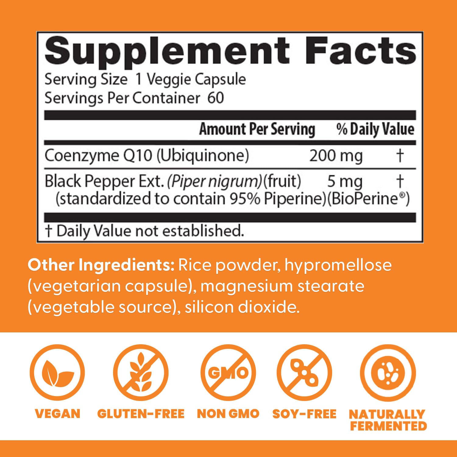 Doctors Best supplement facts label showing CoQ10 supplement 200 mg per veggie capsule plus vegan gluten-free non GMO icons