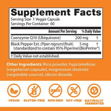 Supplement Facts panel for CoQ10 200 mg with BioPerine, serving size 1 veggie capsule.