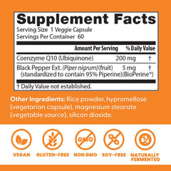 Doctors Best supplement facts label showing CoQ10 supplement 200 mg per veggie capsule plus vegan gluten-free non GMO icons