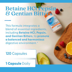 Doctor's Best digestive health support Betaine HCl Pepsin Gentian Bitters bottle with fruit and serving info