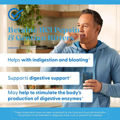 Man taking a supplement with water next to Doctor's Best digestive health support label and benefit text