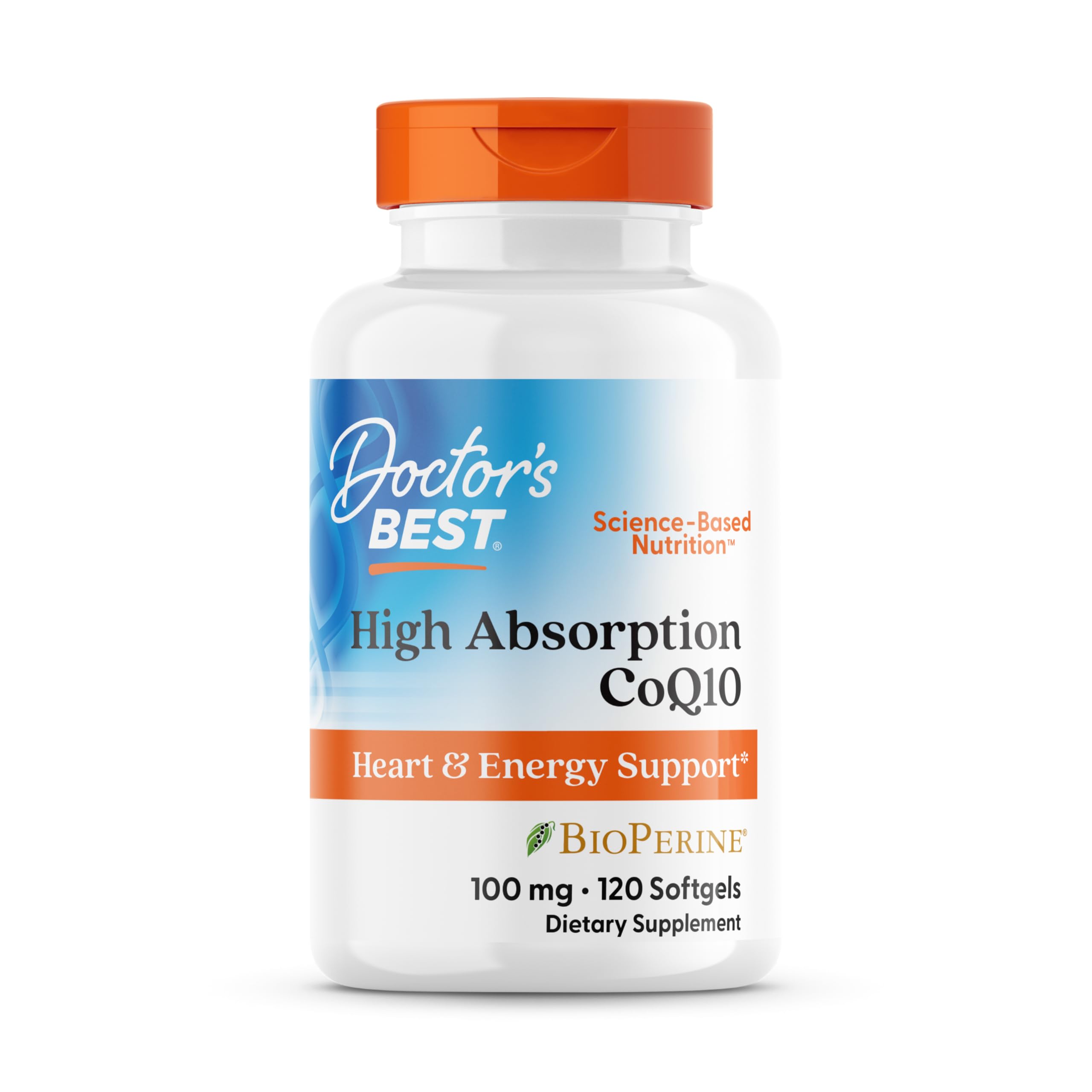 Doctor's Best High Absorption CoQ10 100mg supplement in a bottle for heart and energy support