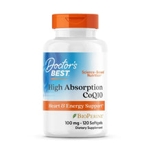 CoQ10 supplement bottle with orange cap, Doctor's Best High Absorption 120 softgels