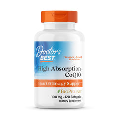 Doctor's Best High Absorption CoQ10 100mg supplement in a bottle for heart and energy support