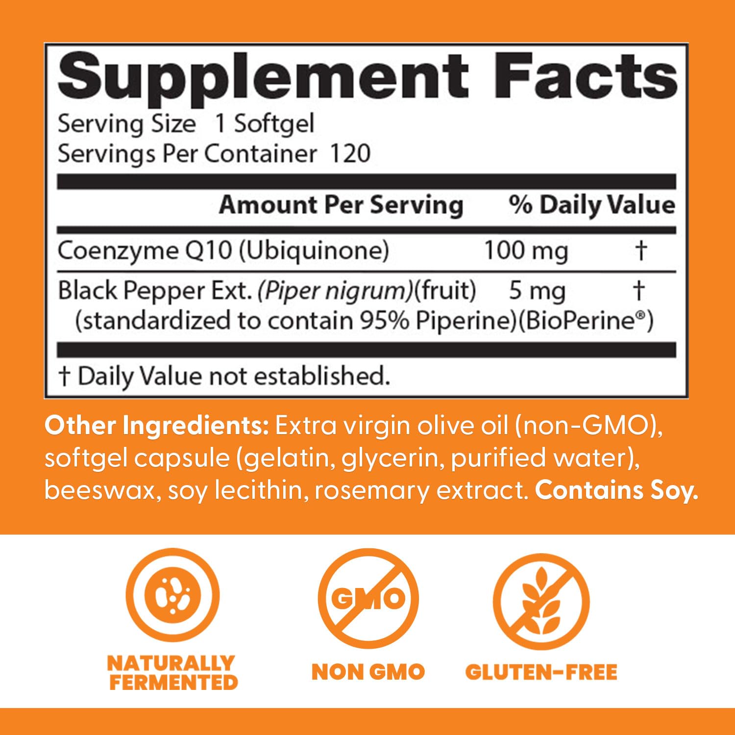 Doctors Best high absorption CoQ10 100mg supplement facts label with serving details and ingredients