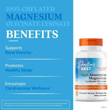 Magnesium supplement bottle beside 100% chelated magnesium glycindate lysinate benefits panel