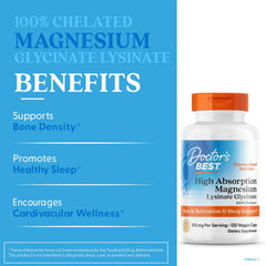 Doctors Best high absorption magnesium supplement bottle showing bone density sleep and heart benefits