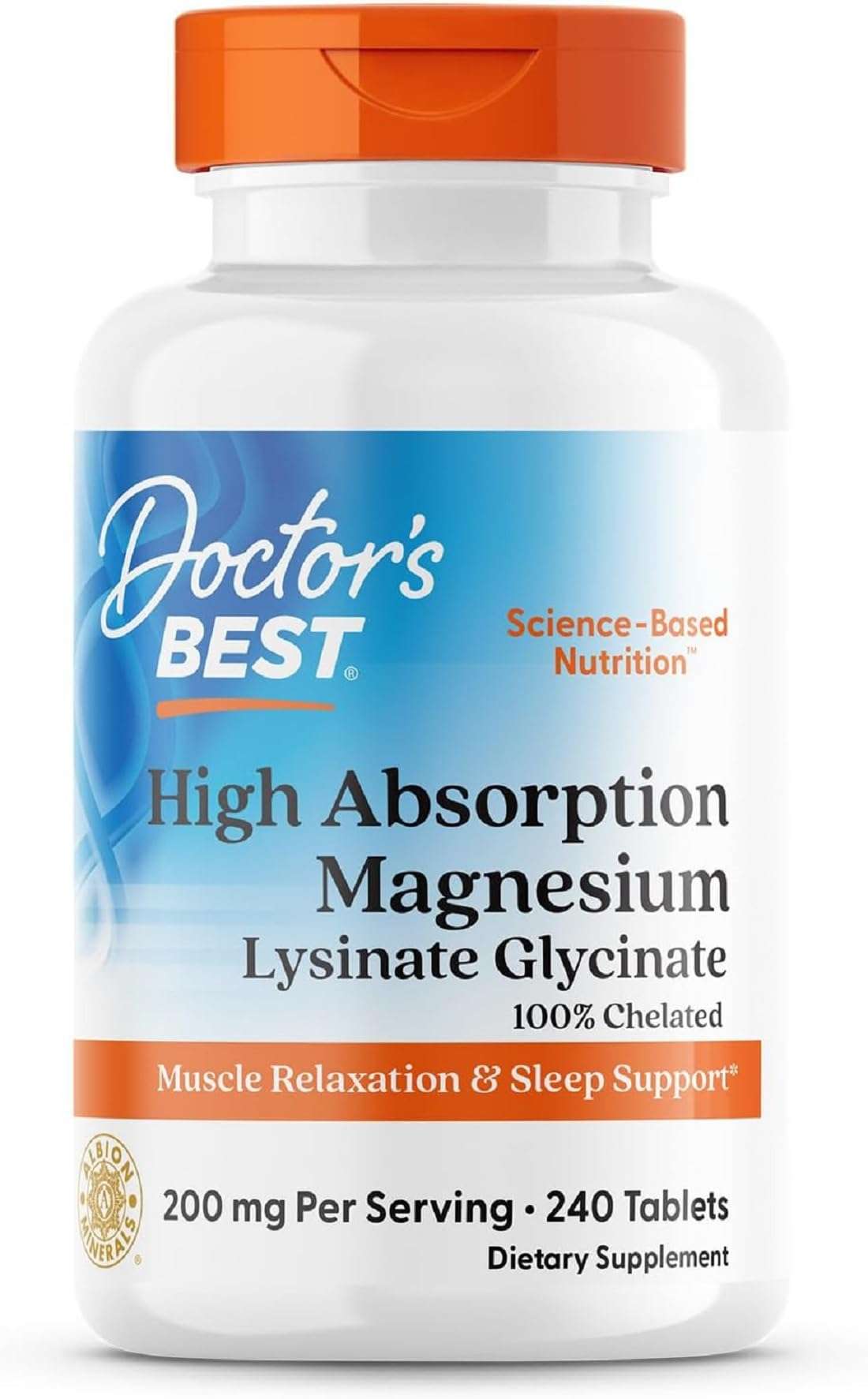 Doctor's BEST high absorption magnesium supplement for muscle relaxation and sleep support in a 240-tablet bottle