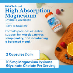 Doctors Best bottle of high absorption magnesium supplement with berries orange and avocado on wooden board