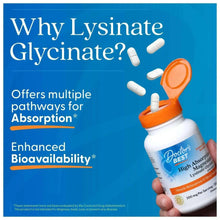 Magnesium supplement card titled “Why Lysinate Glycinate?” with bottle and capsules
