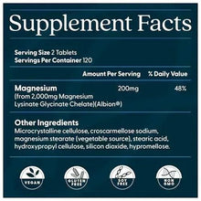 Magnesium supplement Supplement Facts label showing 2-tablet serving and 200 mg magnesium