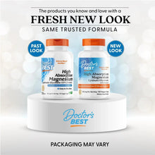 Magnesium supplement bottle pair with orange caps on a display pedestal, fresh look packaging