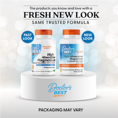 Doctors Best high absorption magnesium supplement bottles showing past and new packaging on display