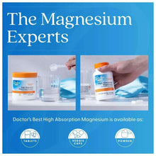 Magnesium supplement promotional card showing bottle with tablets and water cups