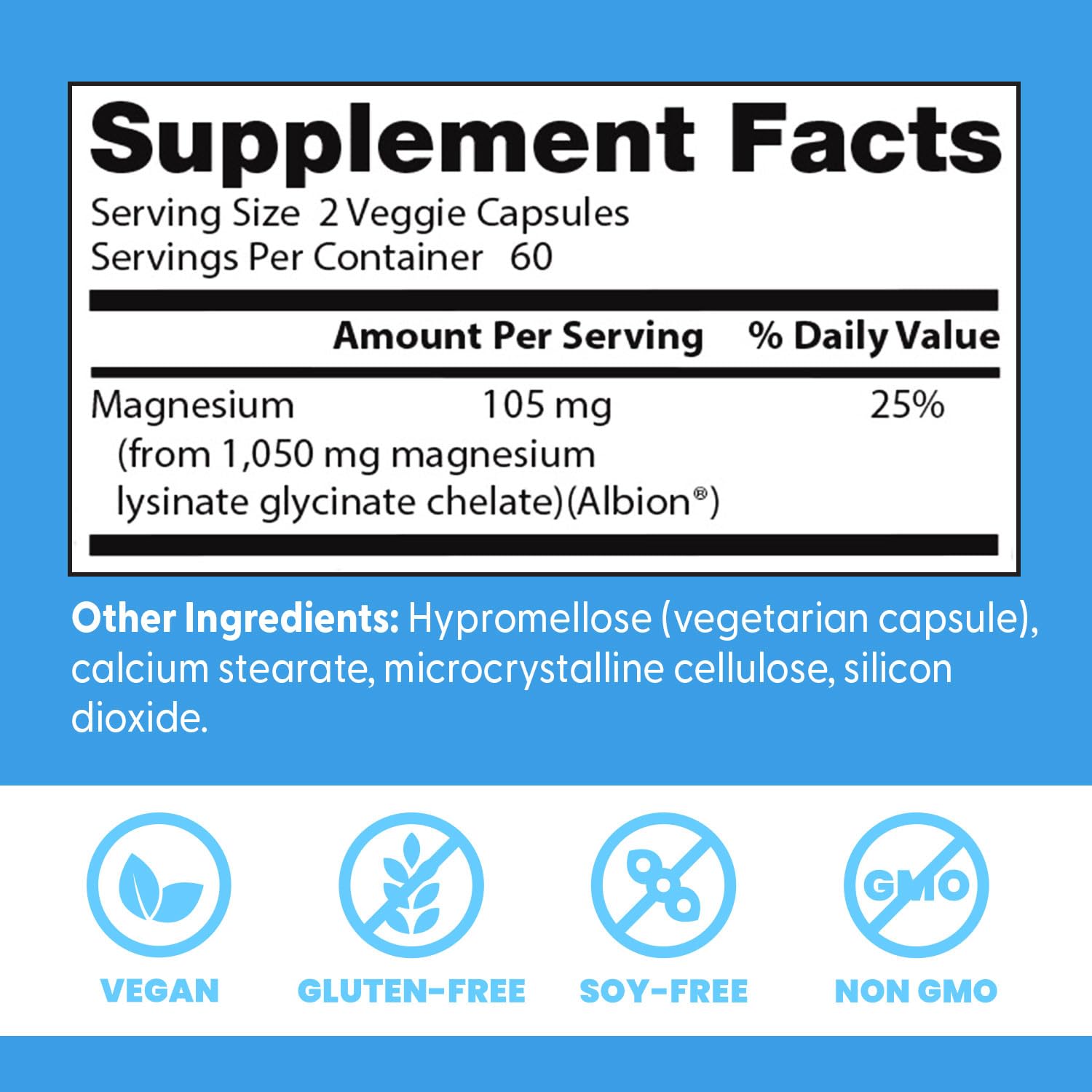 Doctors Best high absorption magnesium supplement label showing 105 mg per serving and vegan gluten free soy free non GMO icons