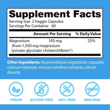 Supplement facts panel for magnesium lysinate glycinate, serving size 2 veggie capsules