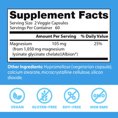 Doctors Best high absorption magnesium supplement label showing 105 mg per serving and vegan gluten free soy free non GMO icons