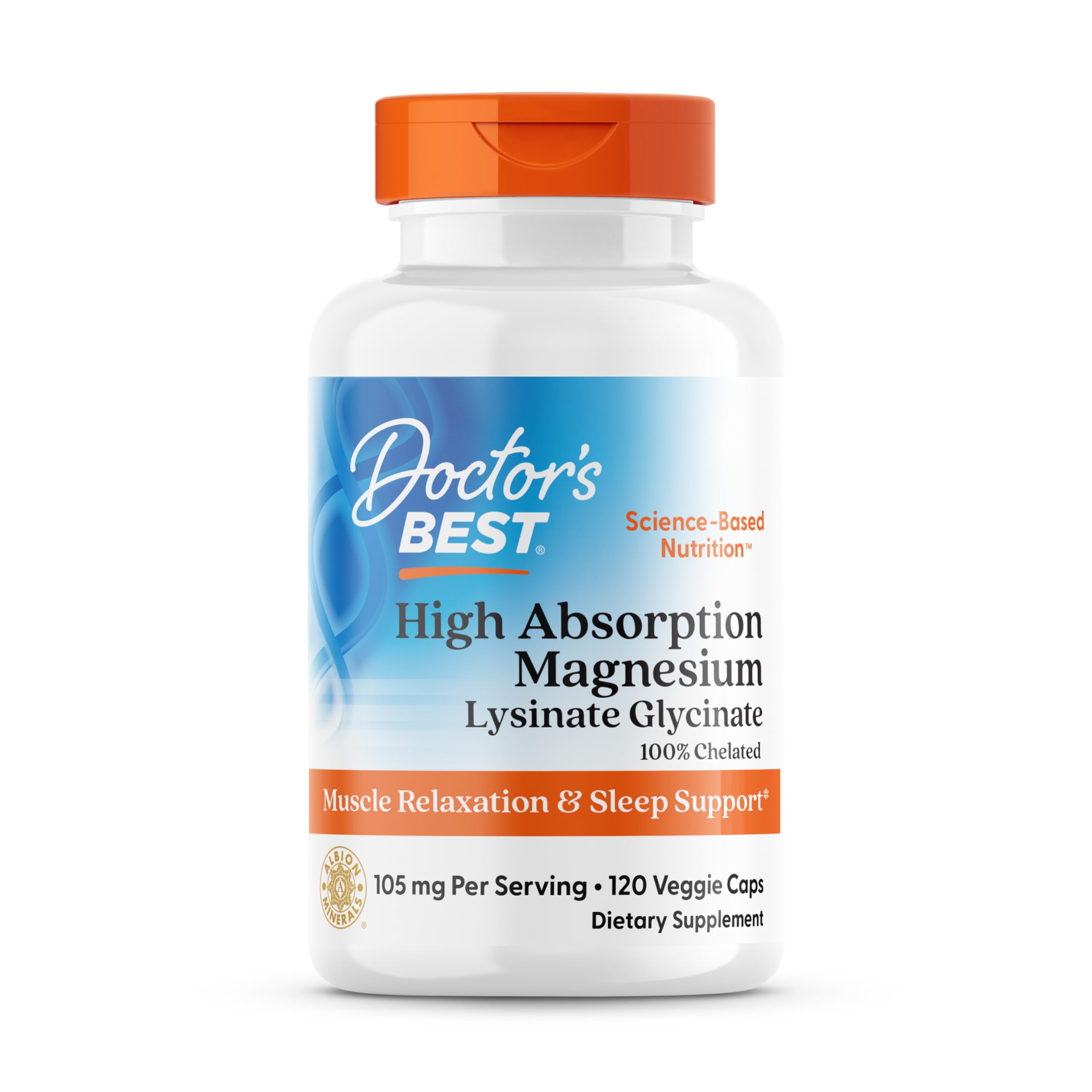 Doctors Best bottle of high absorption magnesium supplement L lysinate glycinate 120 veggie caps for muscle relaxation